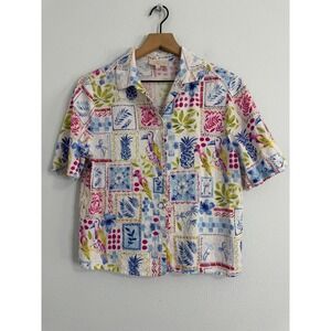 Hester & Orchard - Linen Cotton Blend Cropped Boxy Button Down Tropical Resort